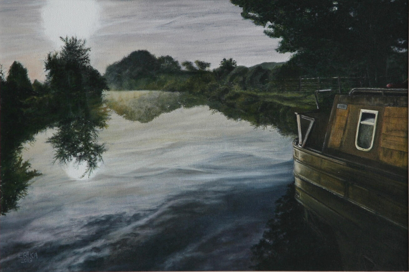 Passing a Vintage Canal Boat 40cm by 40cm